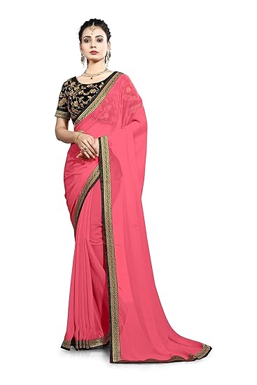 Georgette Saree with Blouse Piece (Map-Akshra_Pink_One Size)