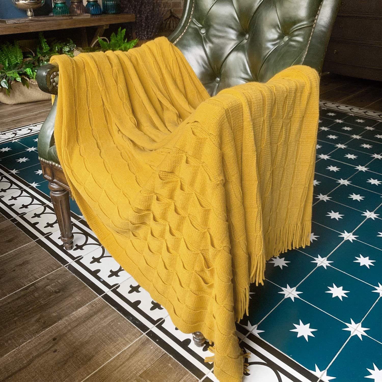 DISSA Knitted Blanket Textured Solid Super Soft Decorative Throw Blanket with Tassels Cozy Plush Lightweight Fluffy Woven Blanket for Bed Sofa Couch Living Bed Room (Mustard Yellow, 60"x80"): Home & Kitchen