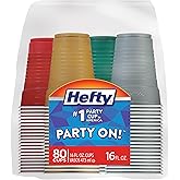 Hefty Party On Disposable Plastic Party Cups, 80 Count, 16 Oz Cups in Assorted Colors for Gatherings, Parties, and More, Textured Sides for Easy Gripping, Strong and Durable