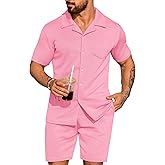 URRU Mens 2 Piece Outfits Summer Casual Texture Beach Short Sleeve Button Down Shirts and Shorts Set with Pocket