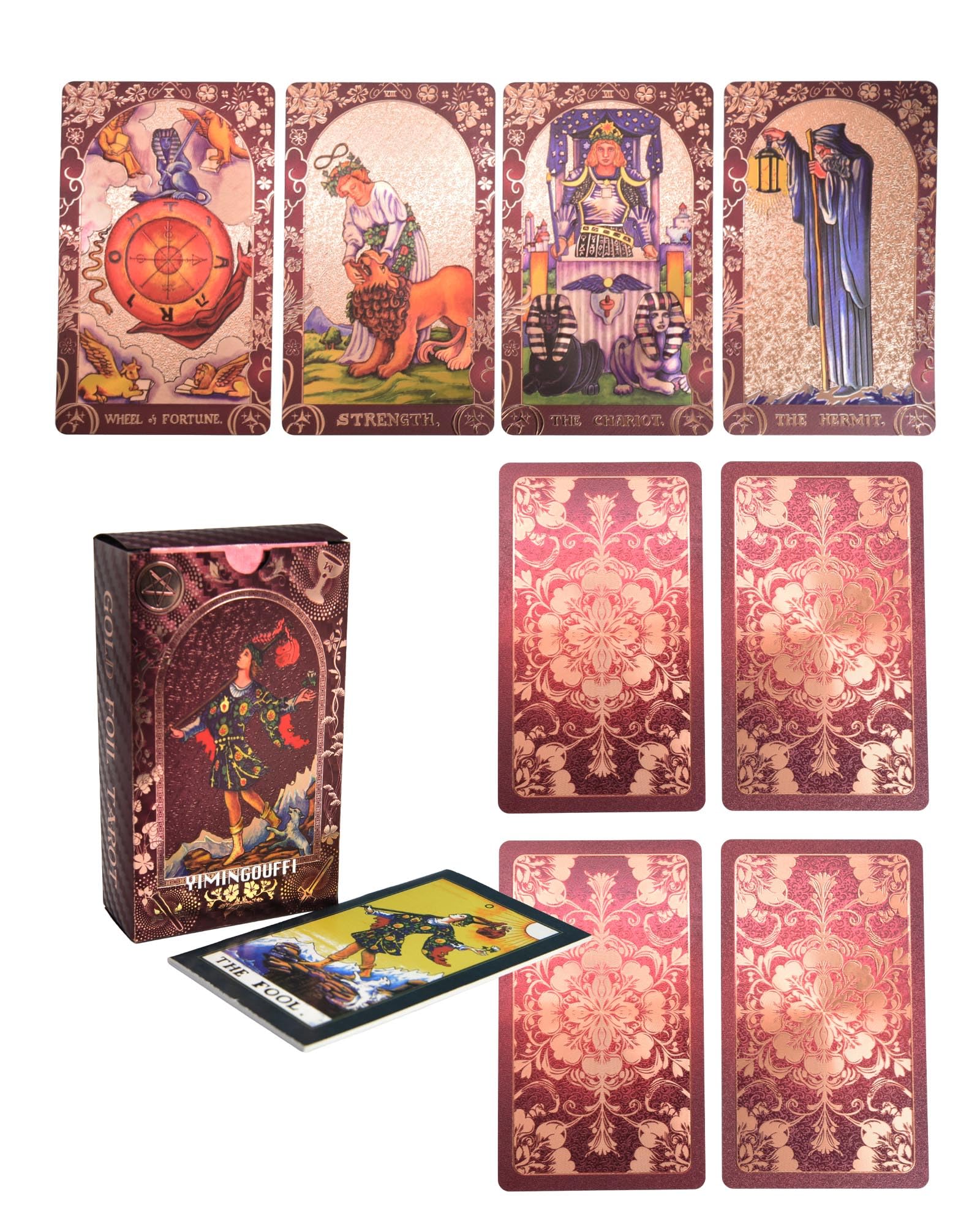 YIMINGOUFEI English wine red gold foil tarot deck, 78 cards + 2 collection cards, with 36 pages of English color guide, PVC frosted holographic printing, waterproof design, suitable for collectors