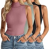 Ficerd 3 Pack Women's Sleeveless Mock Turtleneck Tank Tops Ribbed Knit Slim Fitted Stretchy Shirts Casual Layer Basic Tees