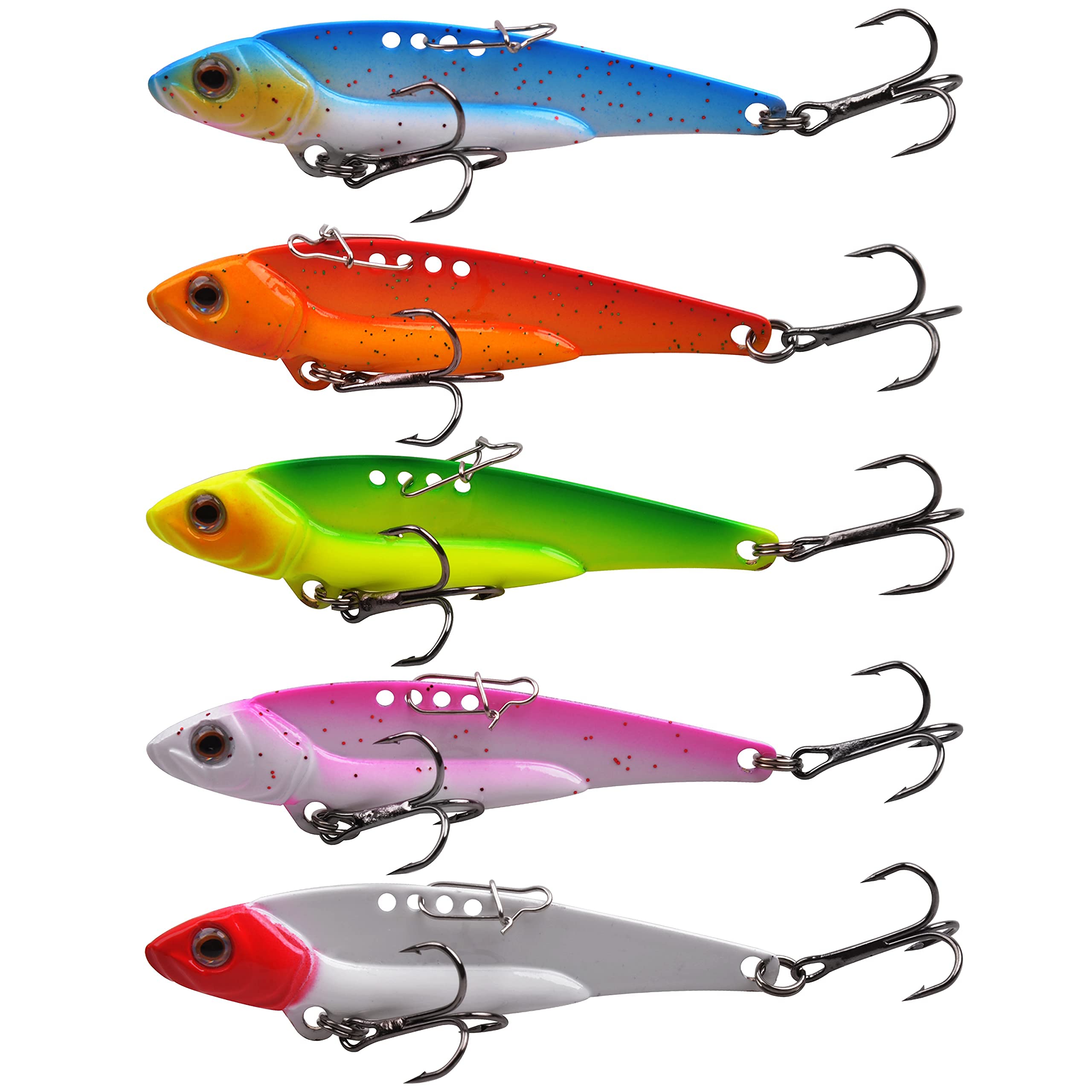 OROOTL 5PCS Fishing Metal VIB Spoon Blade Bait Hard Jigging Lure with 4 Adjustable Holes Treble Hook All Water Layer Swimbait for Bass Walleye Trout Pike