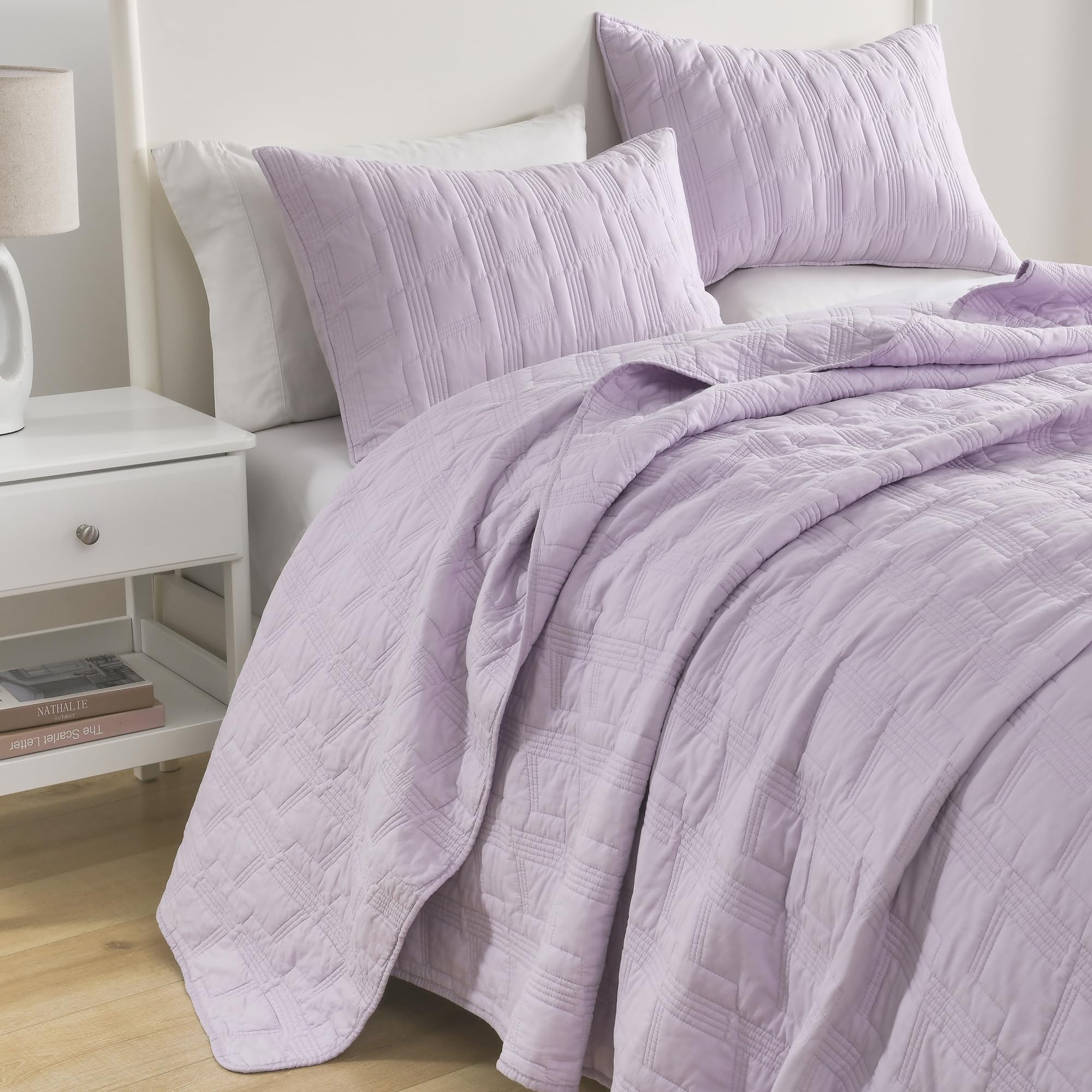 Photo 1 of HORIMOTE HOME 100% Cotton Quilt Set Queen Size, Lavender Pre-Washed 3-Piece Bedspread Coverlet Set, Cozy Lightweight Stitching Bedding Cover with 2 Shams in Geometric Pattern for All Season