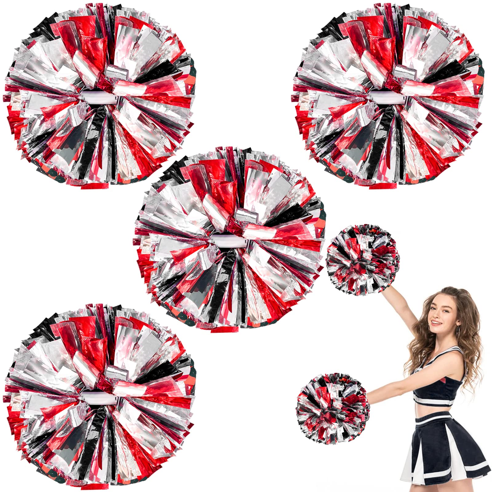 ZONITOK 4 Pcs Metallic Cheerleading Pom Poms, Cheerleader Pompoms with Baton Handle, Cheering Squad Pompoms for Kids Adults School Dance Sports Team Spirit Cheering (Black Red Sliver)