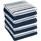 Bumble Premium Dish Cloths Towel 12"x12" | 100% Natural Ring Spun Cotton Tea Towel Set | 430 GSM | Highly Absorbent & Soft Dish Towels | 8 Pack - 4 Popcorn Wide Striped & 4 Solid Kitchen Towels - Blue