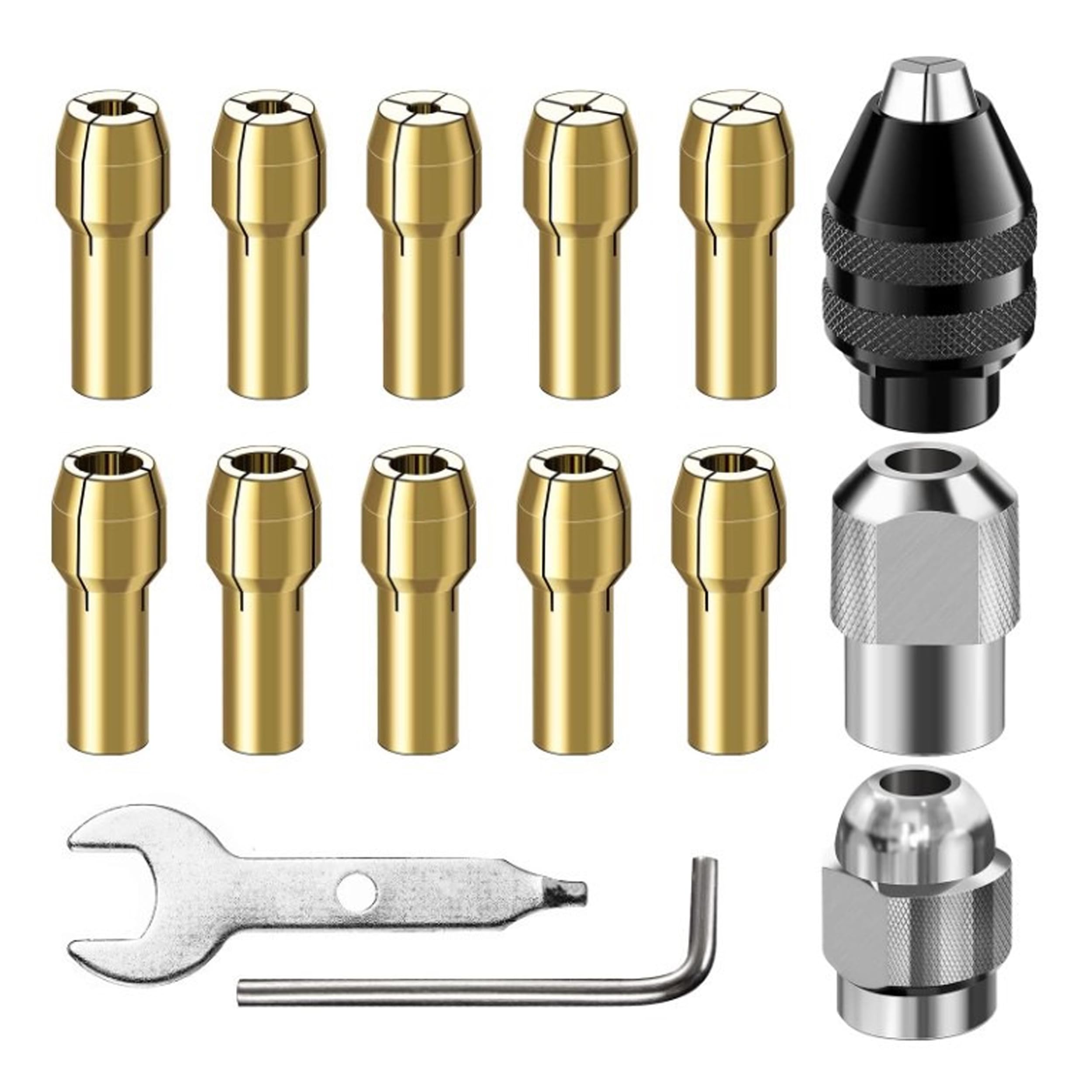 Drill Chuck Collet Set, 16 Pcs Chuck Collet Kit, Collet Nut Kit Brass Collet Set 4486 Rotary Tool Keyless 0.8-3.2mm Shank Replacement Metal Nut Rotary Tool Accessory 3000 4000 7700 8200