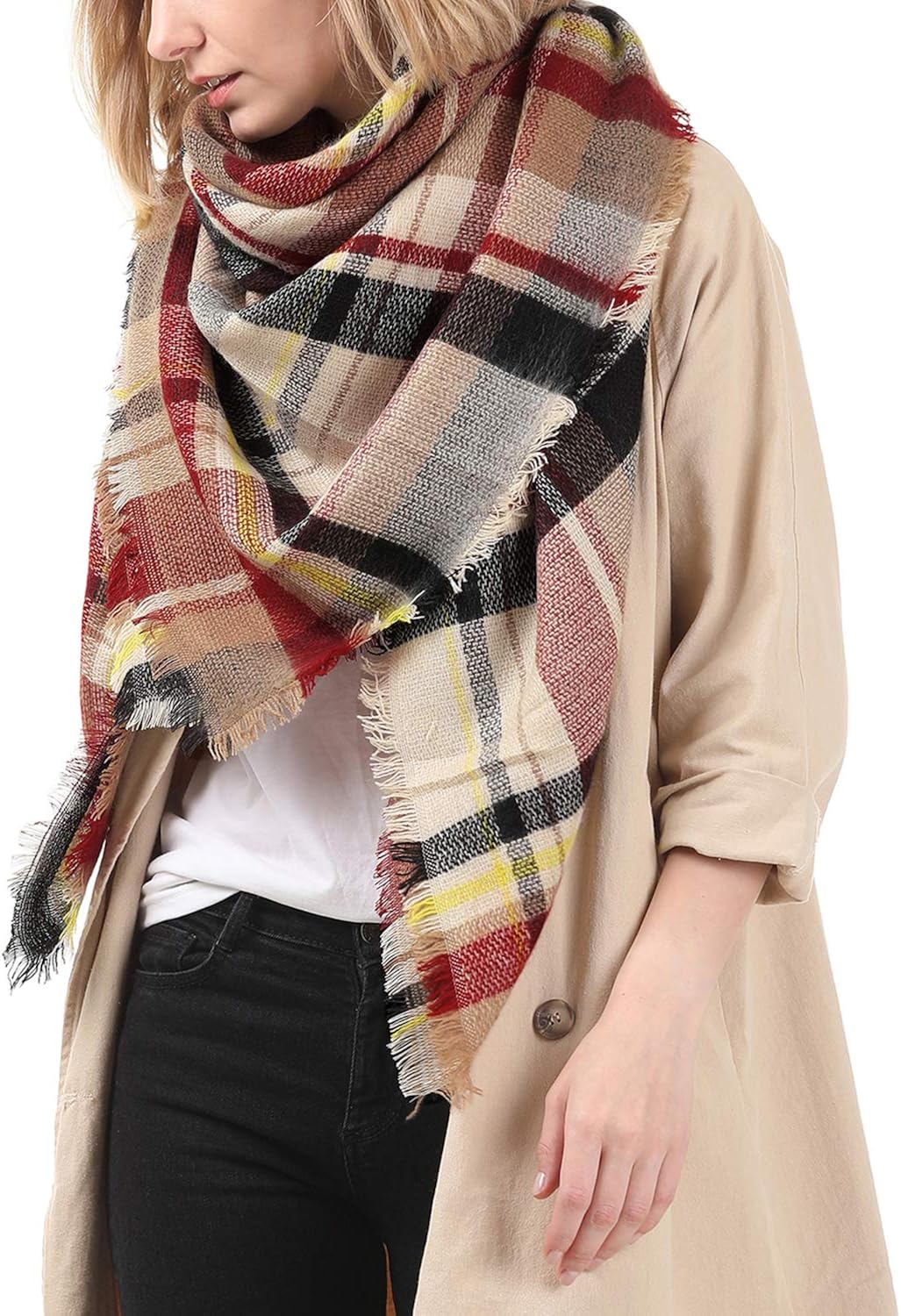 Zando Plaid Blanket Scarf Chunky Blanket Fall Stylish Scarves Women Soft Oversized Scarf Shawl Wrap Warm Cape Tassel Pink Light Red Scarfs at  Women’s Clothing store