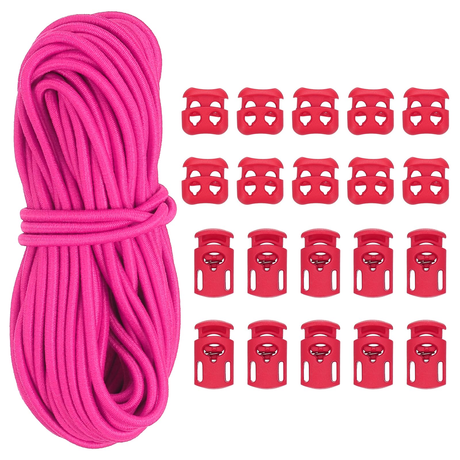 PATIKIL 16 Yard Elastic Bungee Cord & 10pcs Single Hole Cord Lock & 10pcs Double Hole Spring Toggle Stopper for Paracord Drawstring Shoelace Clothing Backpack Bags, Rose