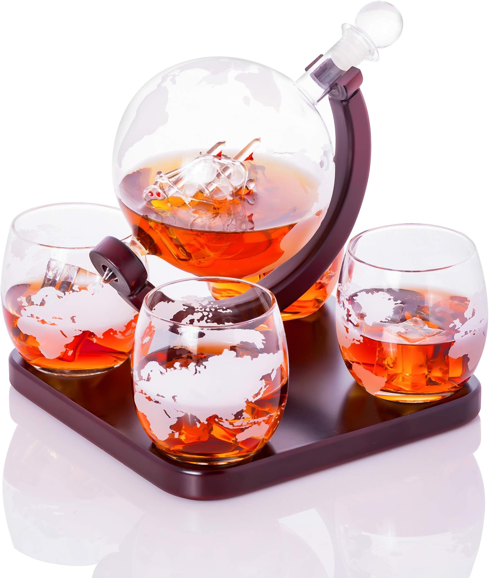 Old World Handblown Artisan Etched World Globe for Whiskey Scotch Bourbon and Fine Spirits Decanter Carafe 850mL with a Beautiful Glass Handmade Pirate Ship Inside by Sunday Rock