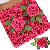 Atongham 25pcs Hot Pink Silk Rose Belt DIY with Leaves True Touch Rose Box DIY Perfect Wedding Outfit Wedding Party Home Decor