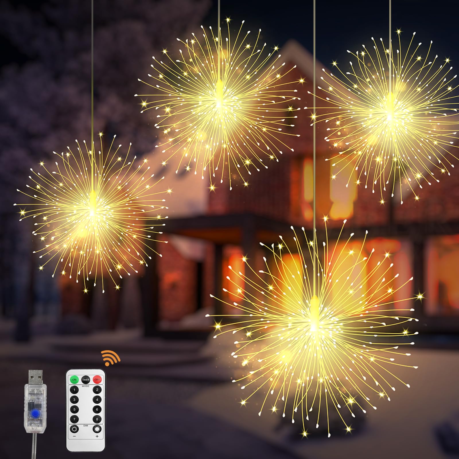 CNMTCCO Christmas Fairy Lights, 4 Pack Hanging USB Firework Lights 480pcs led 8 Modes,Globe Waterproof Copper Wire Lights,Suitable for Home Christmas Halloween Outdoor Party Backyard Decoration