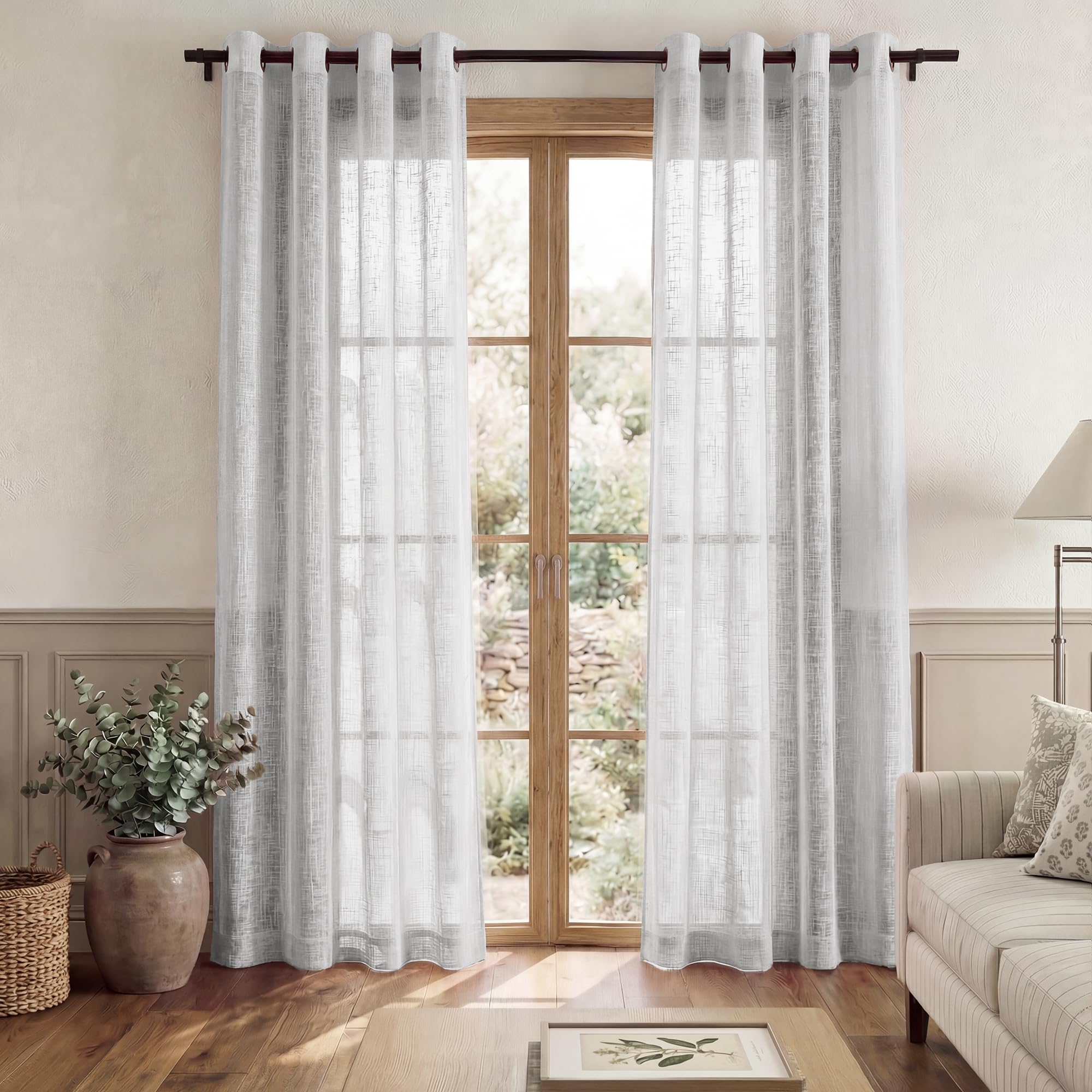 PONY DANCE Net Curtains - Linen with Cross Pattern Home Decoration Half Transparent, 132 x 210 cm (52 x 84 Inches), Light Grey, 2 Pieces