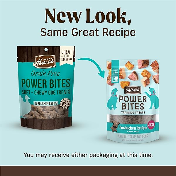 MERRICK POWER BITES NATURAL SOFT AND CHEWY REAL MEAT DOG TREATS, GRAIN FREE SNACK, REAL TURDUCKEN RECIPE – 6 OZ. BAG