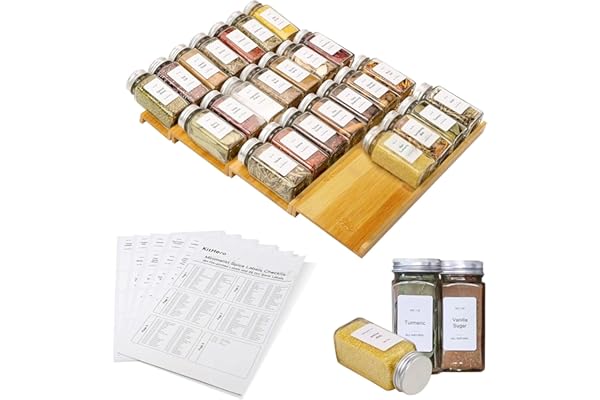 KitHero Spice Drawer Organizer with 28 Jars and 216 Labels,Non-slip Rubber, Bamboo 4 Tier Spice Racks Tray Seasoning Containe