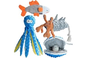 Nocciola 4 Packs Crinkle Squeaky Dog Toys for Aggressive Chewers, Durable Stuffed Plush Rope Tug Puppy Toy for Small, Medium Large Dogs, Octopus Fish Ocean Beach Summer, Dog Birthday Gifts