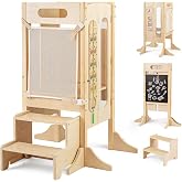 OLAKIDS Toddler Tower Foldable, 4-in-1 Wooden Standing Tower with 2 Step Stool, Chalkboard, Montessori Activity Games Safety Net, Kitchen Stool Helper for Kids 3+ Years