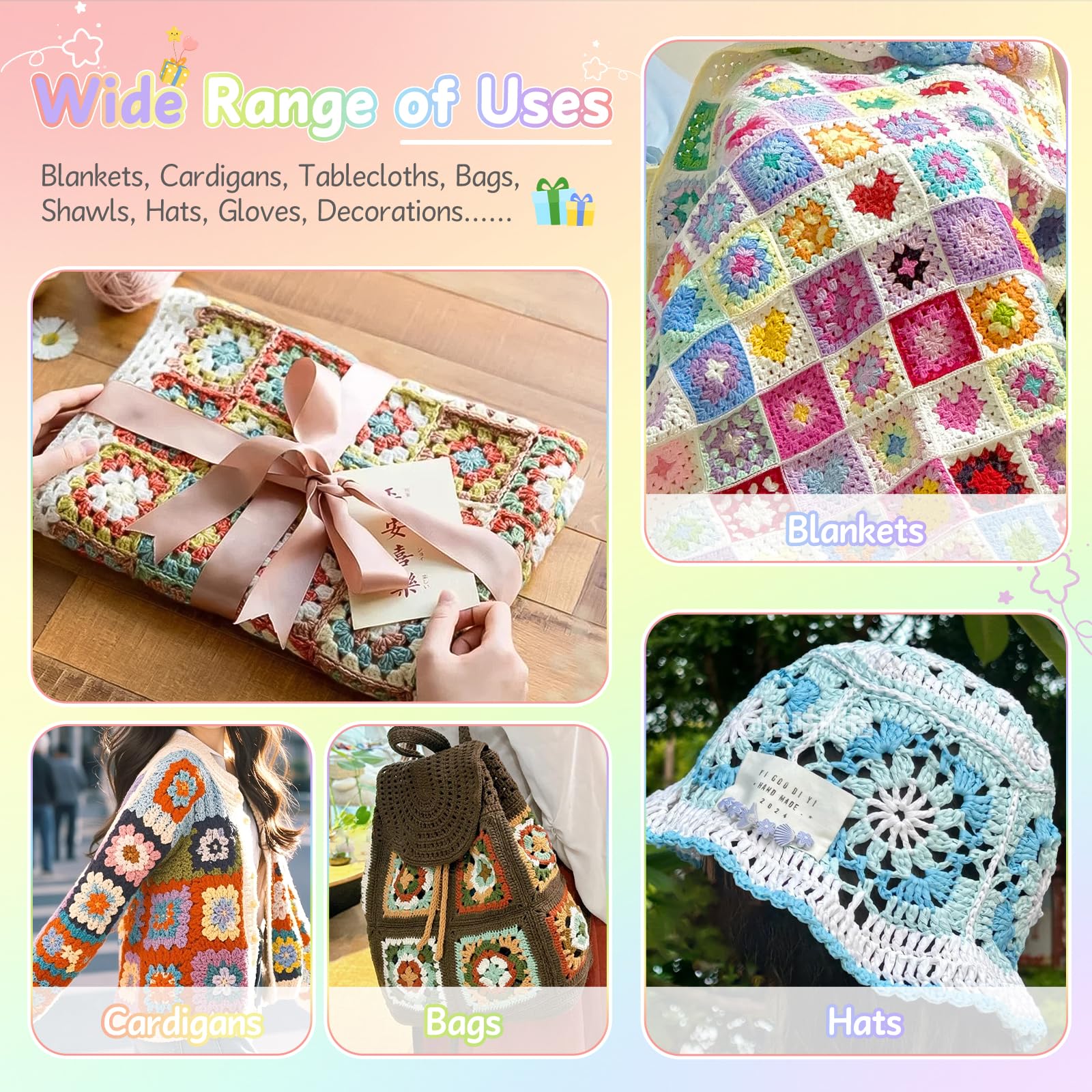 Coopay Crochet Kit for Beginners, Granny Square Crochet Kit with 2 Crochets Book & Video Card, Crochets Starter Kit for Adults Learn to Knitting, Granny Square Card Deck - 50 Mix & Match Designs