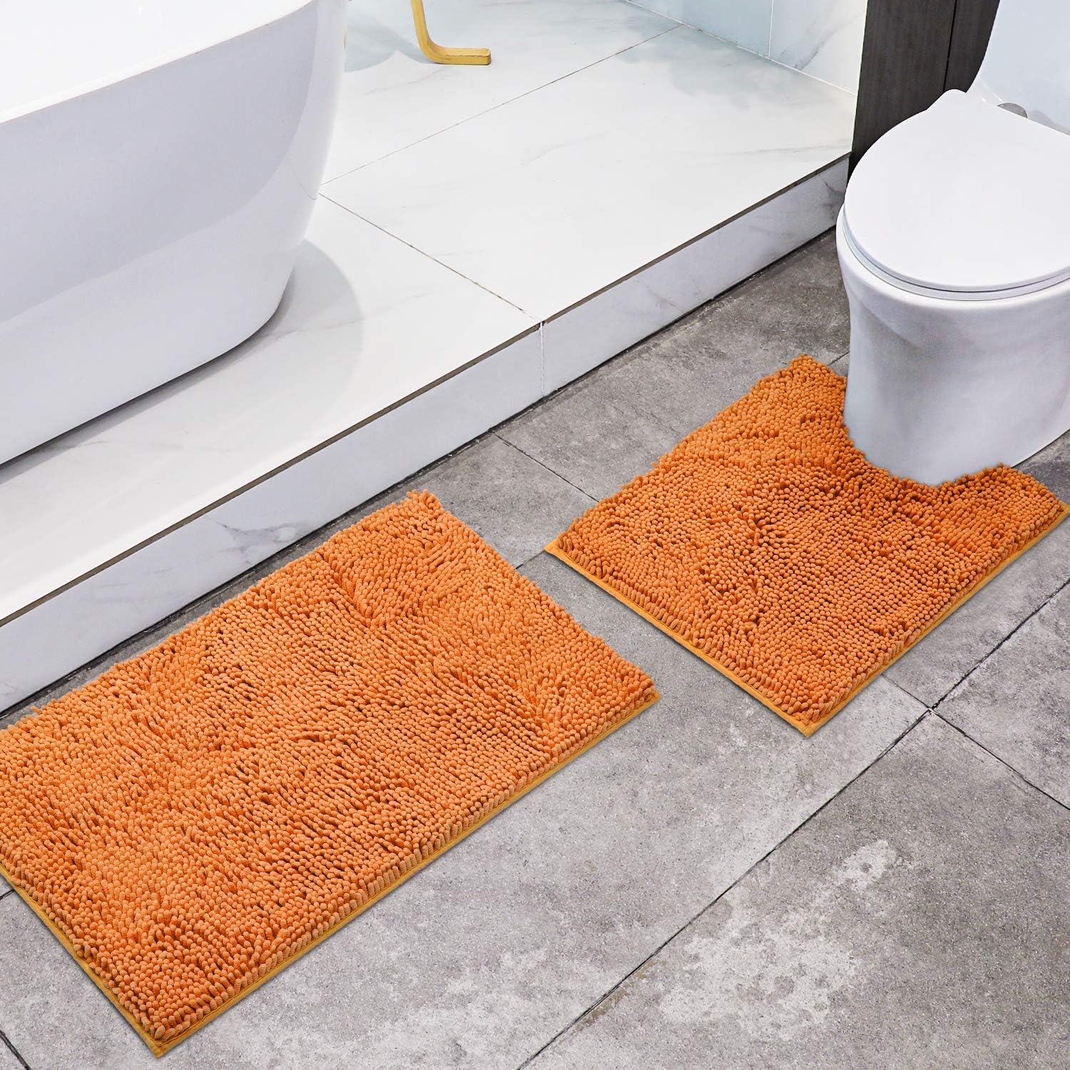 HOMEIDEAS 2 Pieces Bathroom Rugs Set Orange, Luxury Soft Chenille Bath Mats Set, Absorbent Shaggy Bath Rugs & Slip Resistant Plush Carpets Mats for Tub, Shower, Bathroom: Kitchen & Dining