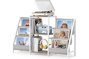 TEWINKO Record Player Stand with Vinyl Storage, Record Player Table with Record Storage 200 Albums, Turntable Stand with Record Holder Vinyl Display Shelf, Record Cabinet Media Stereo (Two-side storage-White)
