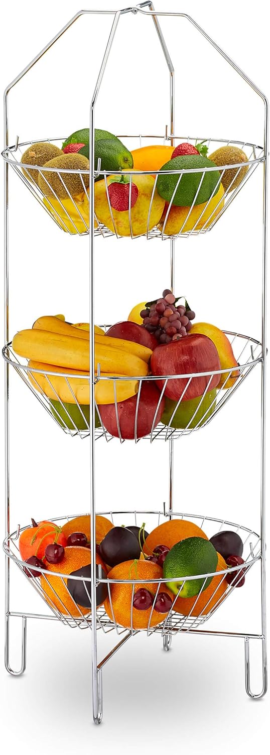 Relaxdays 10030054 Obst Etagere 3-stöckig, XXL Obstkorb, stehend, Küche, Aufbewahrung Gemüse, Metall, HBT 80 x 33 x 32 cm, Silber, Stahl