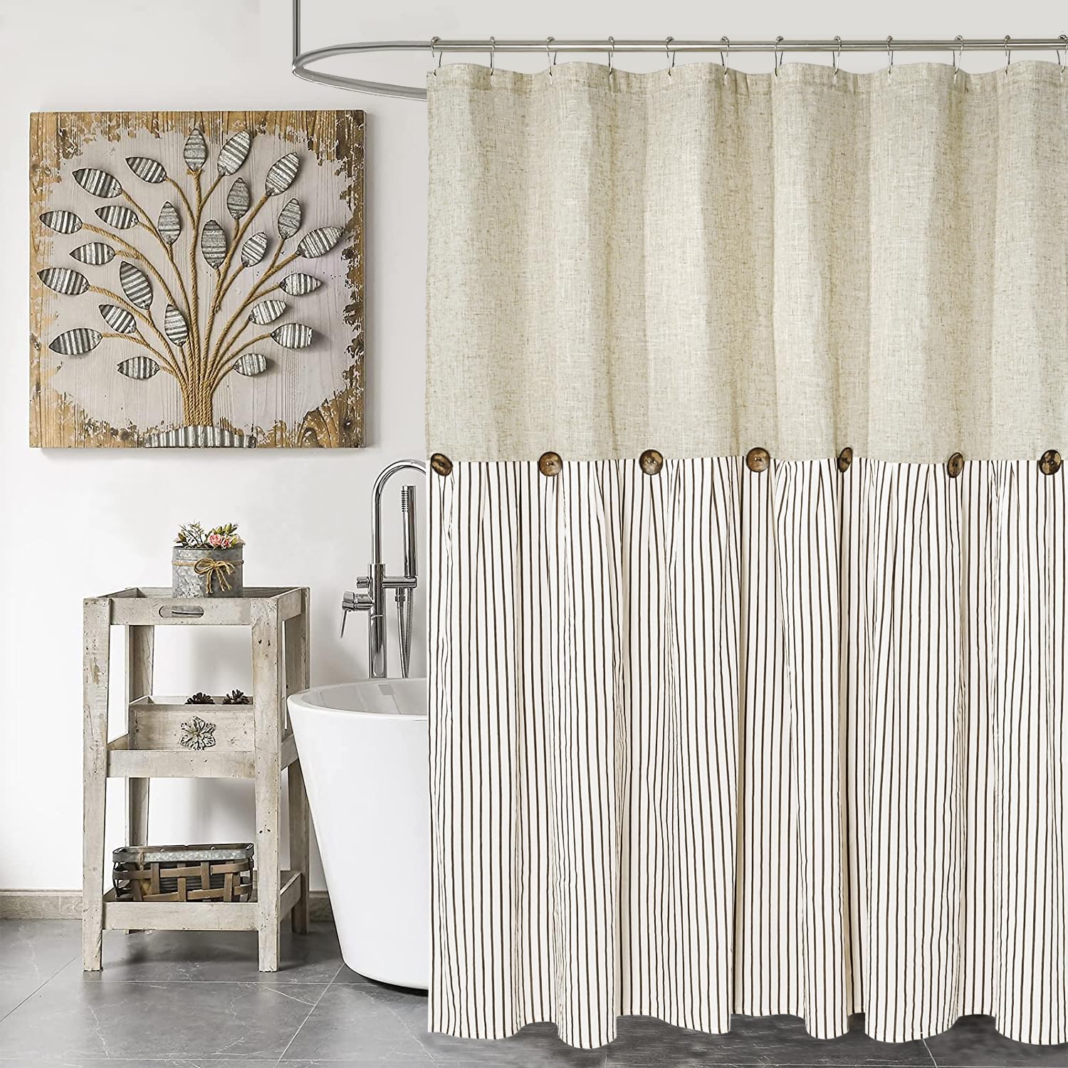DOSLY IDÉES Farmhouse Shower Curtain,Beige and Brown Stripe,Button Curtain,Linen and Cotton Woven Fabric,Rustic Charm Country Chic Style,72x84 in