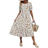 Zeagoo Womens Summer Dress Casual Midi Dresses 2026 Short Puff Sleeve Flare Dress Pleated Flowy Sundress with Pockets