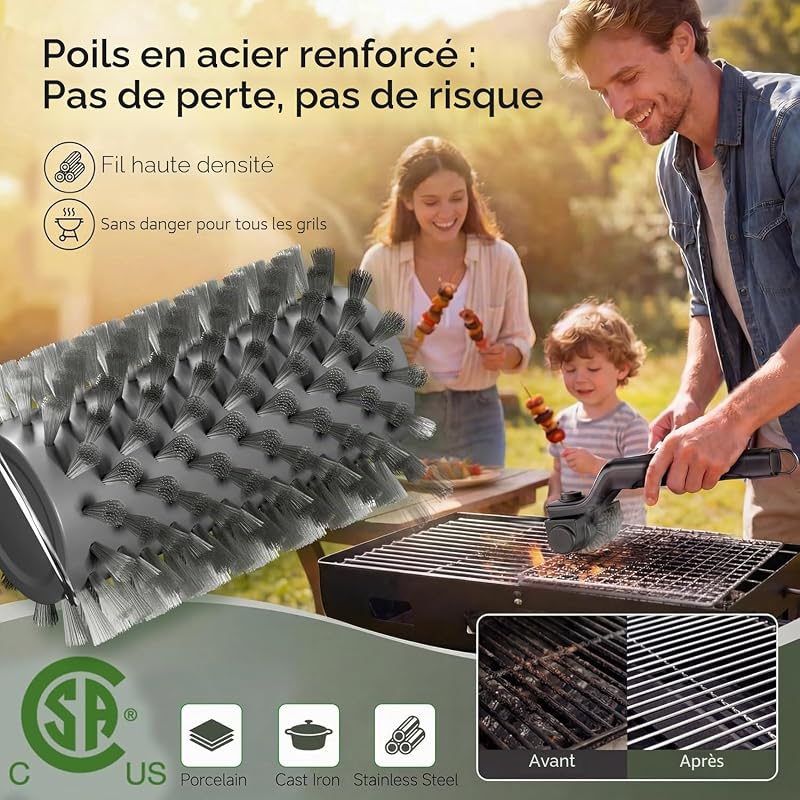 Brosse à grill électrique, brosse à grill à couple élevé avec modes 3 vitesses, nettoyeur de barbecue à couple maximum de 20kg pour acier inoxydable en fonte de porcelaine, poiles en acier renforcé, T
