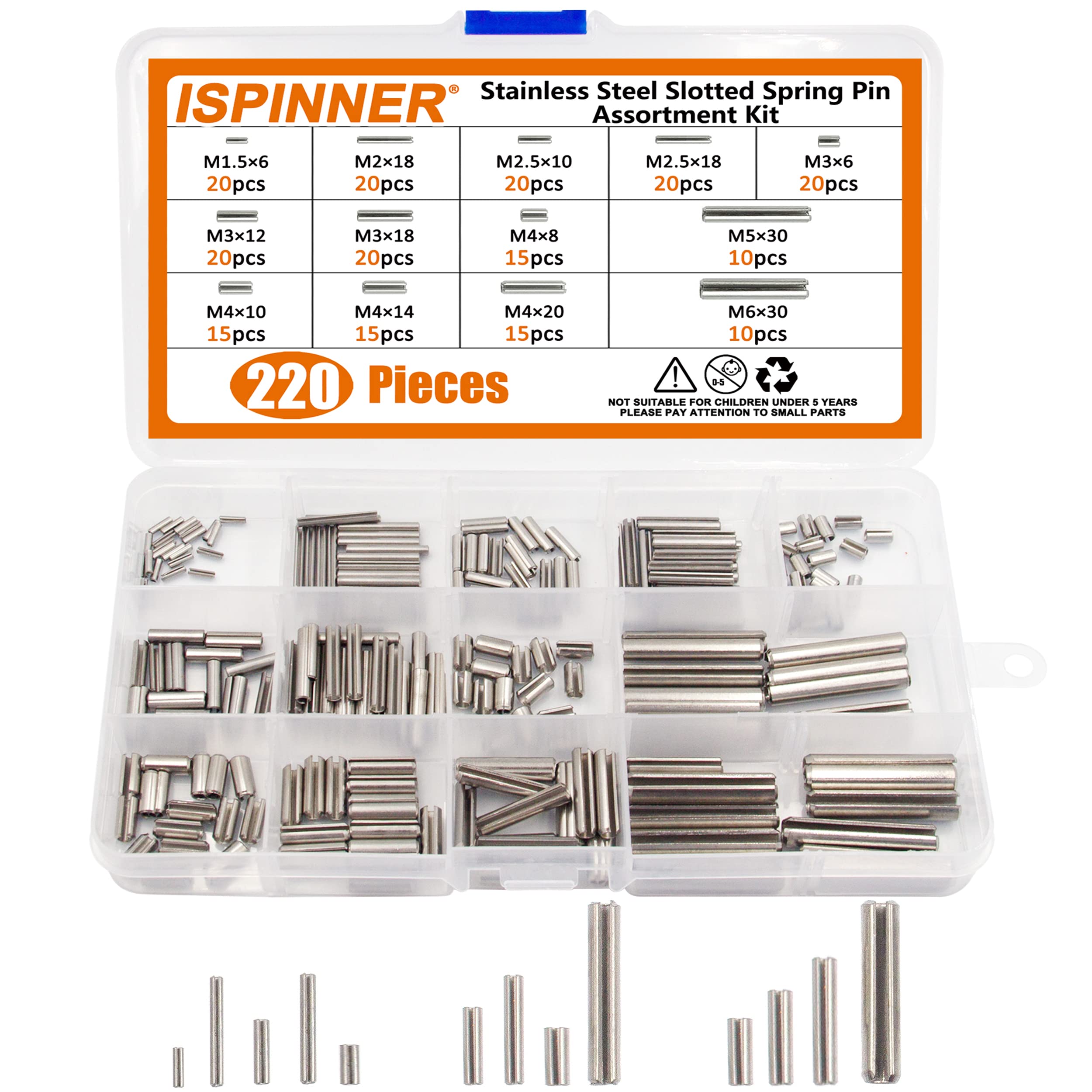 Photo 1 of ISPINNER 220pcs Roll Pin Set, Stainless Steel Slotted Spring Pin Assortment Kit M1.5 M2 M2.5 M3 M4 M5 M6