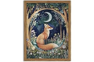 HWETUI Framed 3D Textured Vintage Wall Art - Cottagecore Hand Drawn Sandstone Fox Paintings Wall Decor, Whimsical Forest Animal Floral Botanical Aesthetic for Bedroom Living Room Nursery 16x24 inch