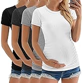 Neer 4 Pack Women's Maternity Shirts Ribbed Short Sleeve Maternity Tops Crew Neck Cotton Tee Side Ruched Pregnancy Clothes