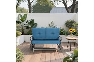 Brightpeak Outdoor Bench Patio Swing Glider Loveseat 2 Seats Rocking Chair, Wrought Iron Gliders for Outside Patio with Cushion (Blue)