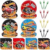 96 Pcs Hot Car Party Supplies Colorful Race Car Paper Plates and Napkins Racing Theme Happy Birthday Game Tableware Decorations for Birthday Shower Wild Racer Black White Checkered Party Favors