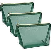 besharppin 3pcs Mesh Cosmetic Bags, Nylon Makeup Pouches with Leather Pull and Golden Zipper for Purse Diaper Bag (Emerald Green)