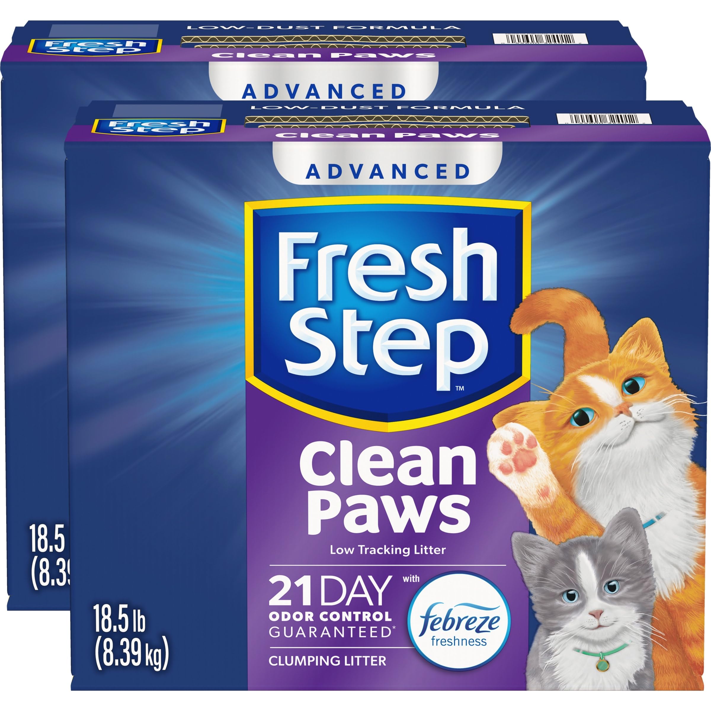 Fresh Step Clean Paws Cat Litter with Febreze Freshness, Advanced Multi Cat Low Tracking Clumping Litter, 37 lbs. (2 x 18.5 lb. Box)