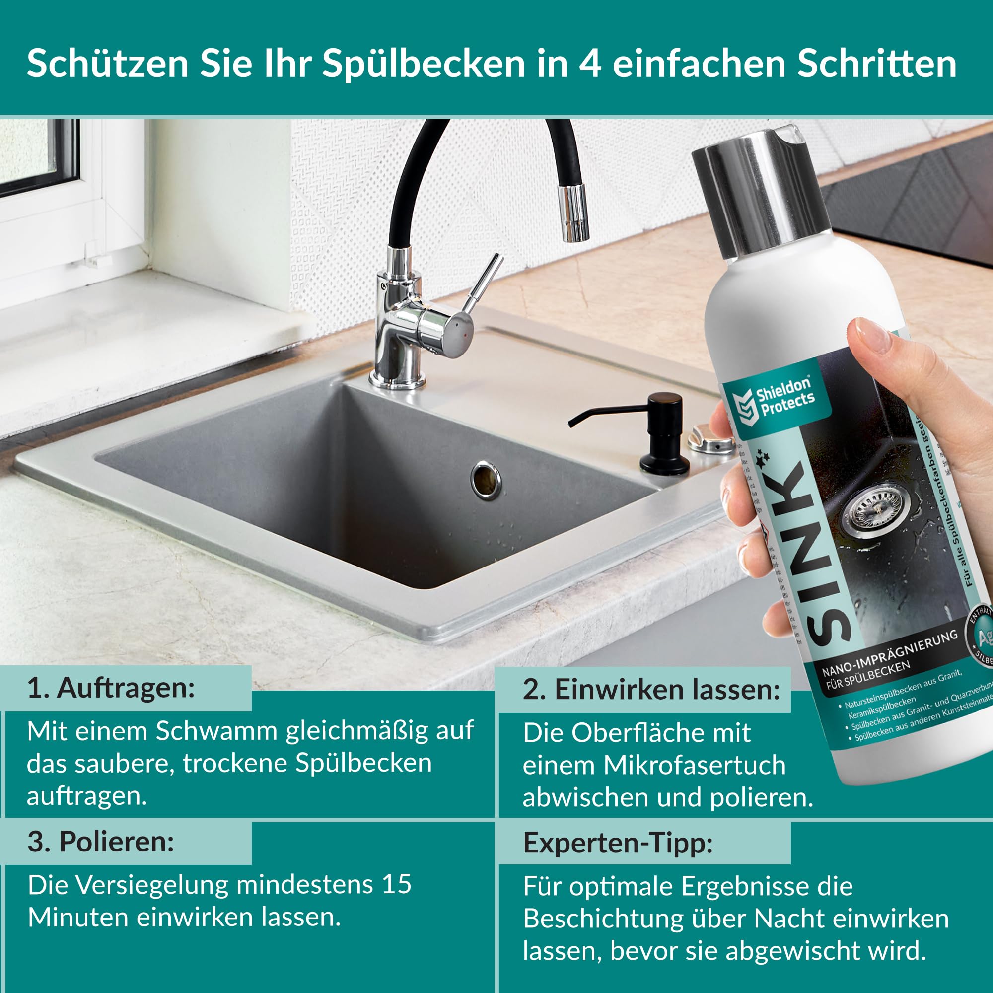Shieldon Protects Imprägnierung für Granitspülen SINK - Lang anhaltender Schutz mit Nanobeschichtung - Ideal für Blanco Silgranit, Natursteinoberflächen und Konglomerate - 200 ml 4