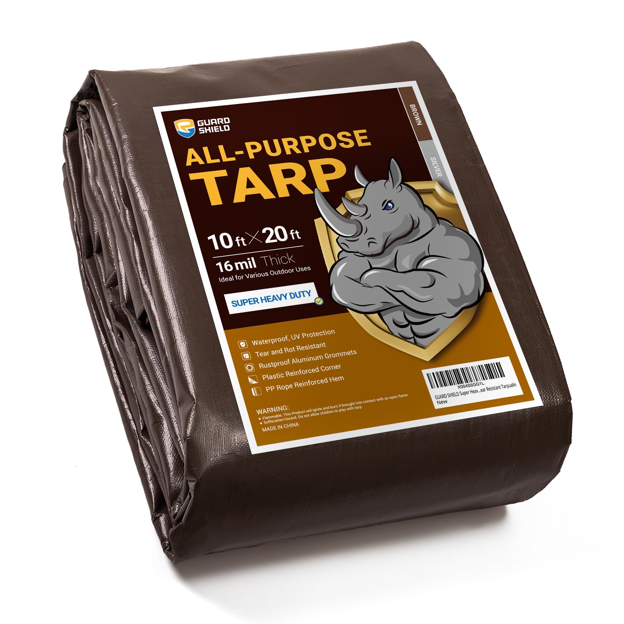 GUARD SHIELD Super Heavy Duty Brown/Silver Ploy Tarp Cover 10x20 Feet Waterproof Tarps 16mil Thick UV and Tear Resistant Tarpualin Image