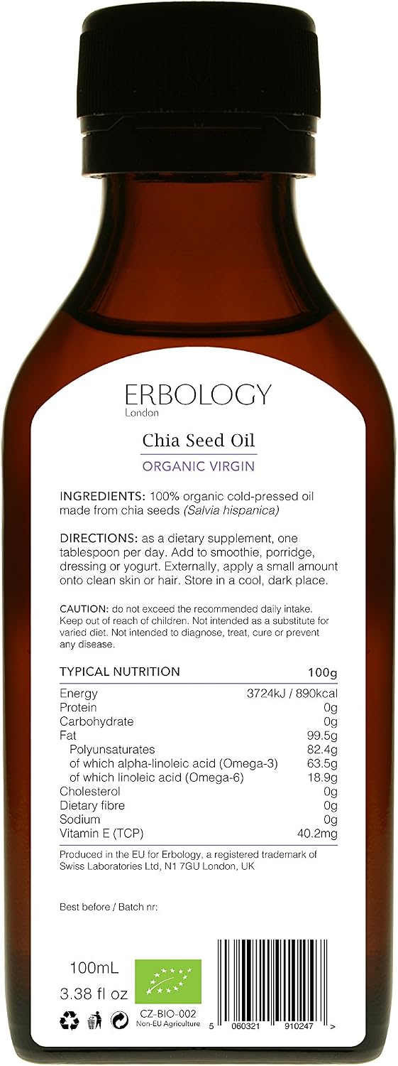 Erbology Organic Chia Seed Oil 100ml, Cold-Pressed, Rich in Omega-3 (66%) and Vitamin E (330% RI) - Image 3