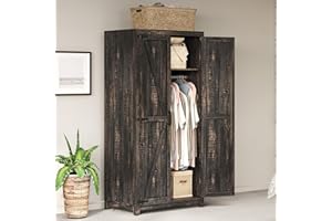 AMERLIFE Farmhouse Armoire Wardrobe Closet with 2 Barn Doors, 71'' Storage Cabinet with Hanging Rod & Shelf, Versatile Clothing Storage for Bedroom, Black Walnut