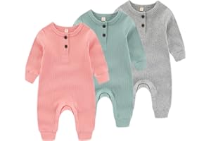 Newborn Baby Boys Girls One Piece Romper with Mitten Cuffs Solid Long Sleeve Ribbed Button Jumpsuit Outfit Clothes
