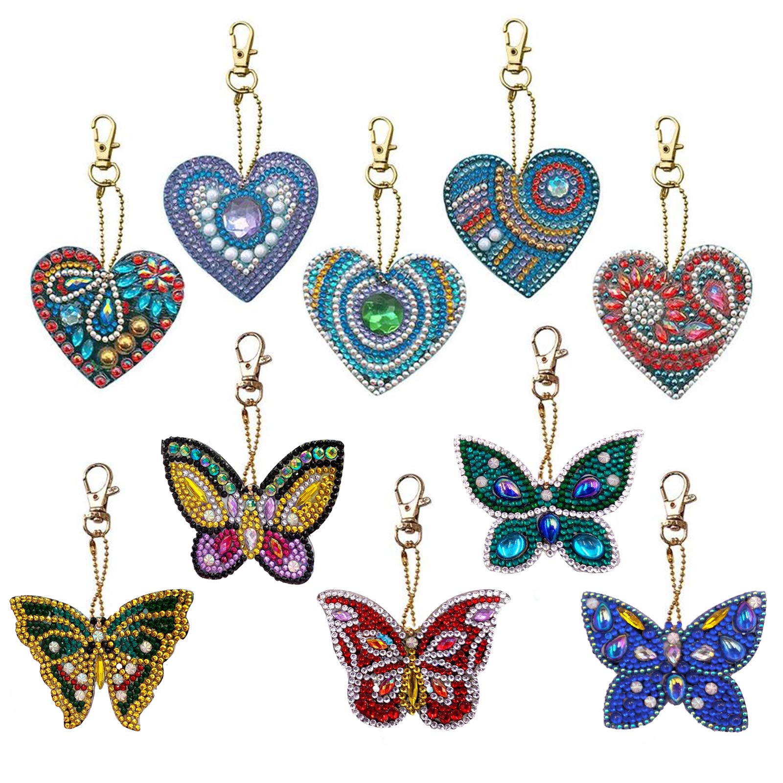 10 Pcs DIY Diamond Painting Keychains, Love Heart & Butterflies Diamond Painting Keyrings for Women Girls Kids DIY Art Crafts, 5D Diamond Art Painting Charms Pendants for Keys Bags Purse Handbag (B)