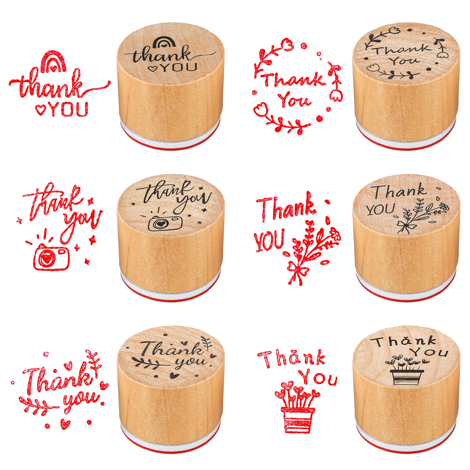 Piriuuo 6 Pcs Thank You Stamps Set, Wooden Stamps for Card Making 6 Styles Round Rubber Stamps Server Stamps Photo Album Decoration for Card Making, DIY Crafting and Scrapbooking