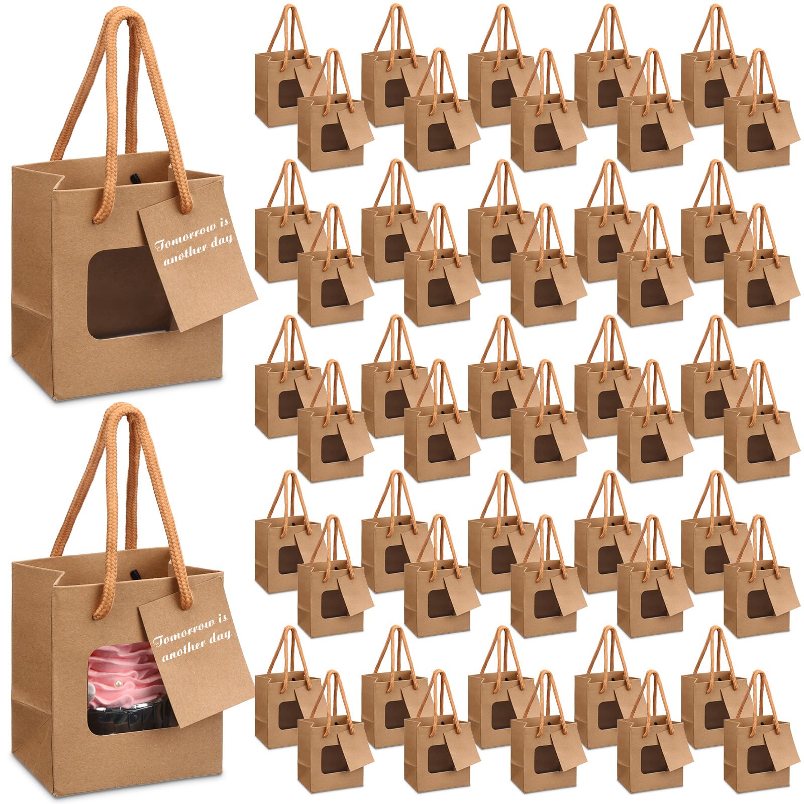Photo 1 of Fuutreo 50 Pcs Brown Kraft Paper Gift Bags with Window 4 x 2.75 x 4.5 In, Handles & Tags for Wedding, Valentine's, Mother's Day Gift Wrap