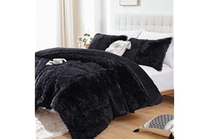 Smoofy Fluffy Queen Comforter Set, Faux Fur Black Comforter Set Queen Size, Luxury Fuzzy Bedding Set, Soft Shaggy Bed Set for All Season, 3 Pieces - 1 Comforter & 2 Pillowcases