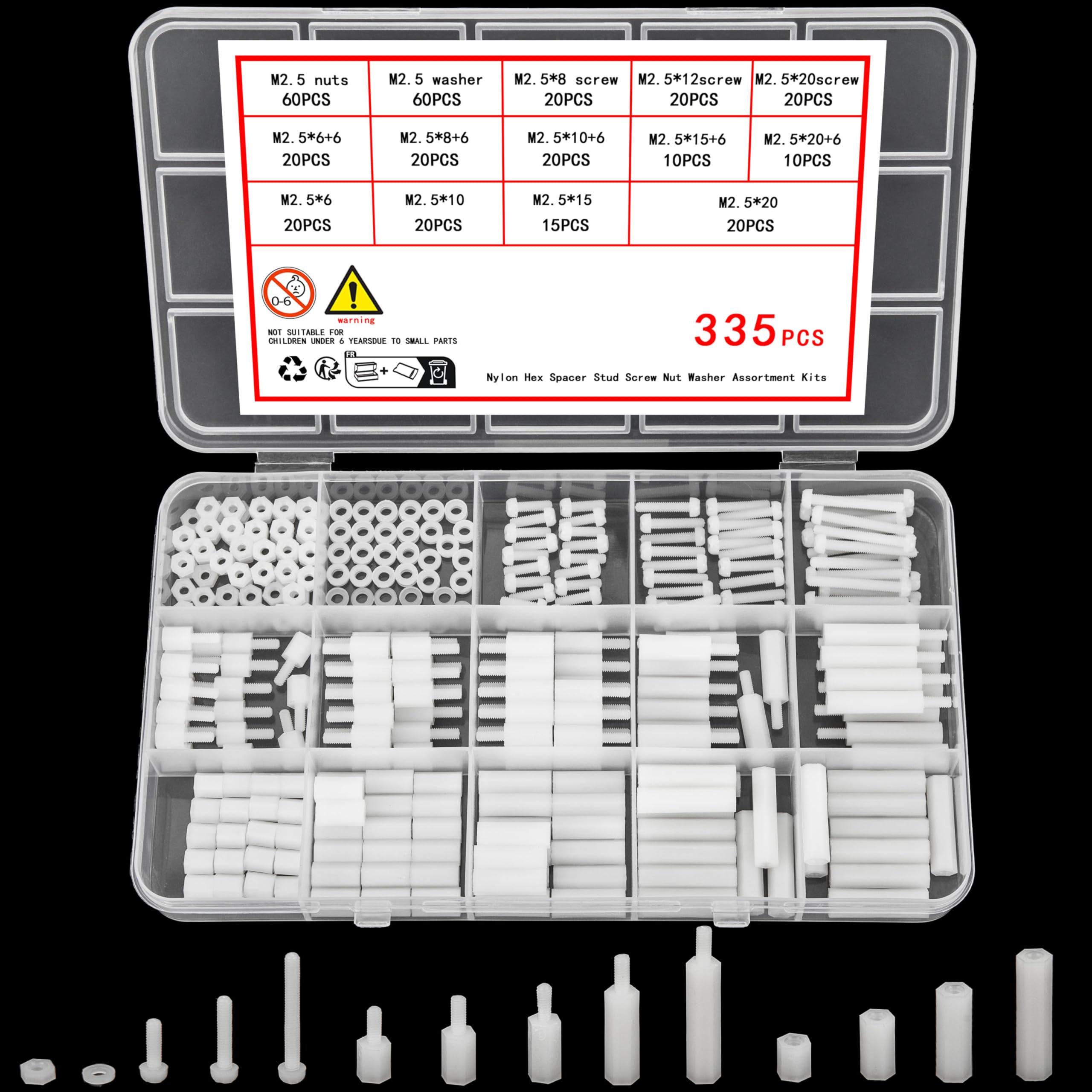 Ewwtrey 335 Pcs M2.5 Male Female Nylon Spacer Standoff Screw Nuts, Assorted White Nylon Threaded Pillars, Cross Head Standoff Spacer Pillar Spacers Washers Assortment Kit for PCB Board Motherboard