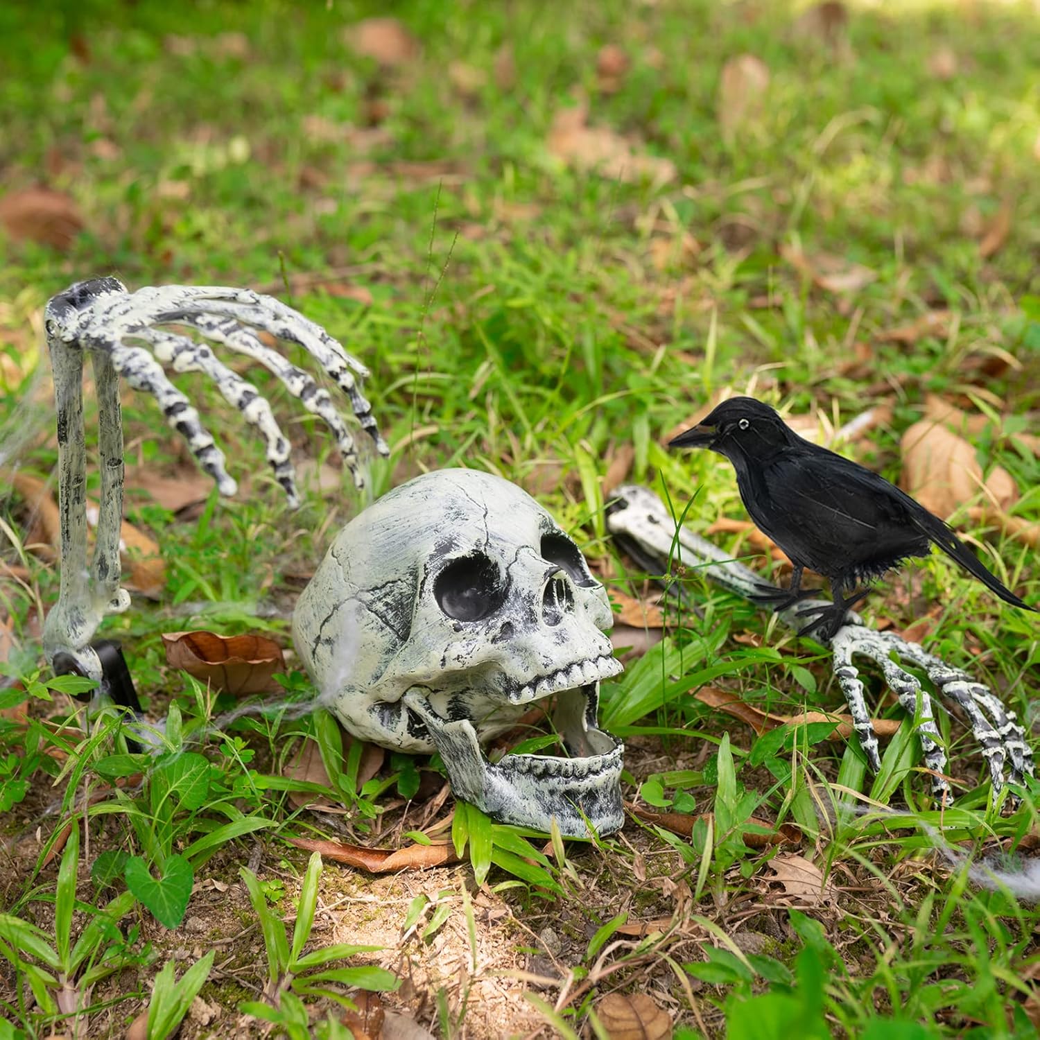 Decorative Garden Stakes - SpringFlower Halloween Skeleton Decorations- Skeleton Stakes with Crow for Outdoor Decoration, Scary Groundbreakers for Halloween Yard Lawn Decoration, Halloween Skull Decoration for Graveyard Decor