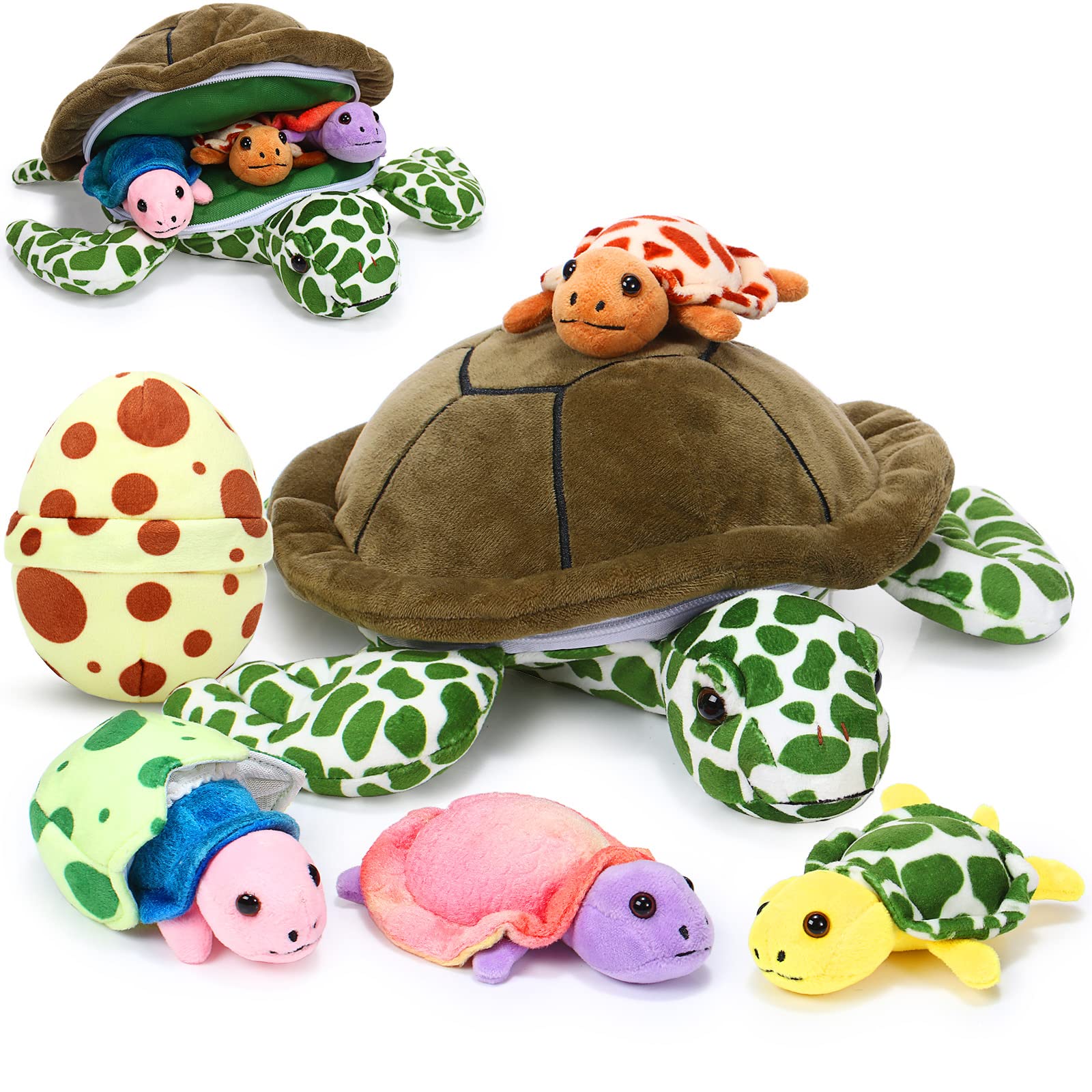 Aoriher 6 Pieces Sea Turtle Stuffed Animal with Babies 12" Mommy Stuffed Sea Turtle with 3 Little Plush 2 Plush Eggs Soft Pillow Tortoise Hugging Gifts for Kids Birthday Baby Shower Party(Modern)