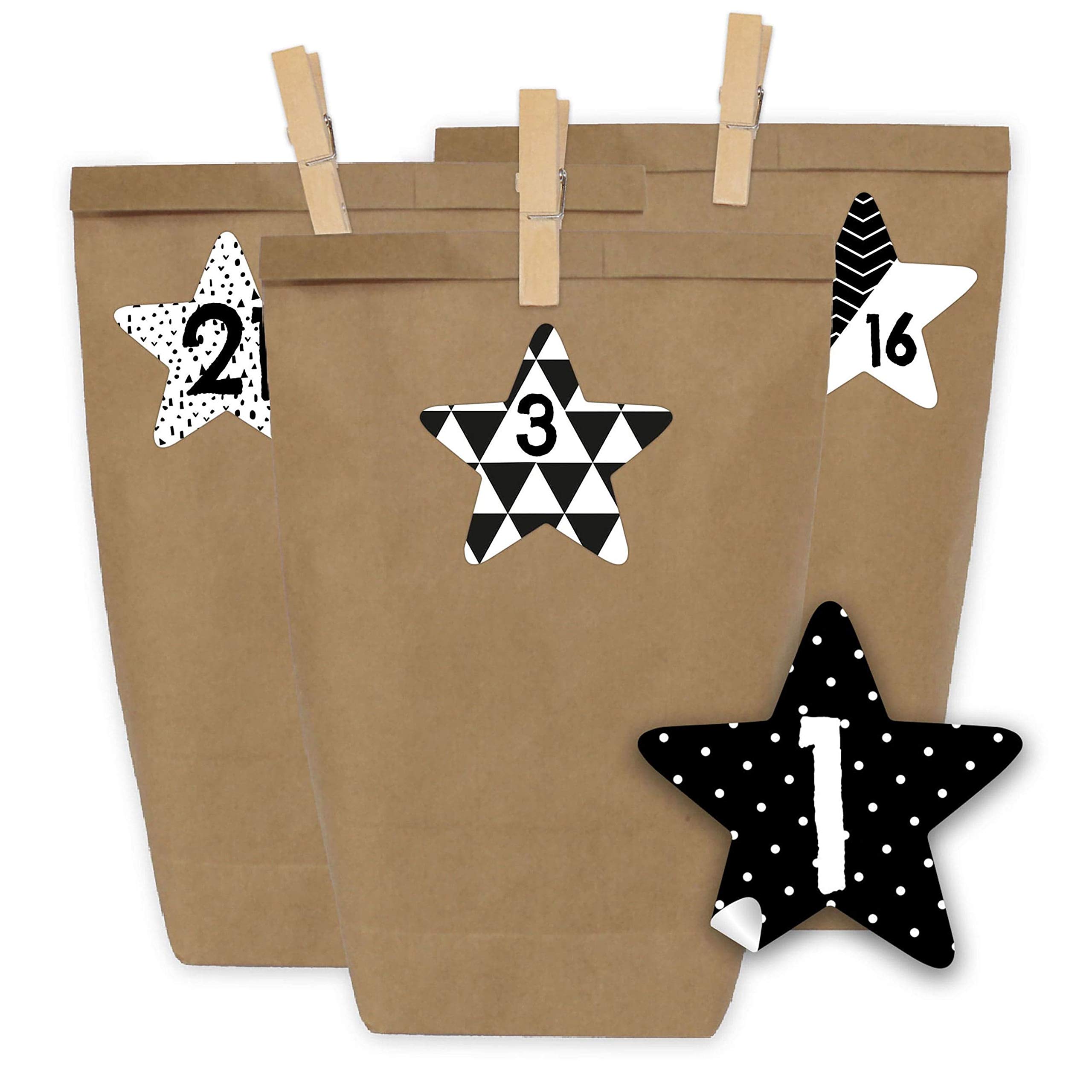Papierdrachen Advent calendar 24 paper bags with stickers and 24 wooden clips - black and white stars design - 40