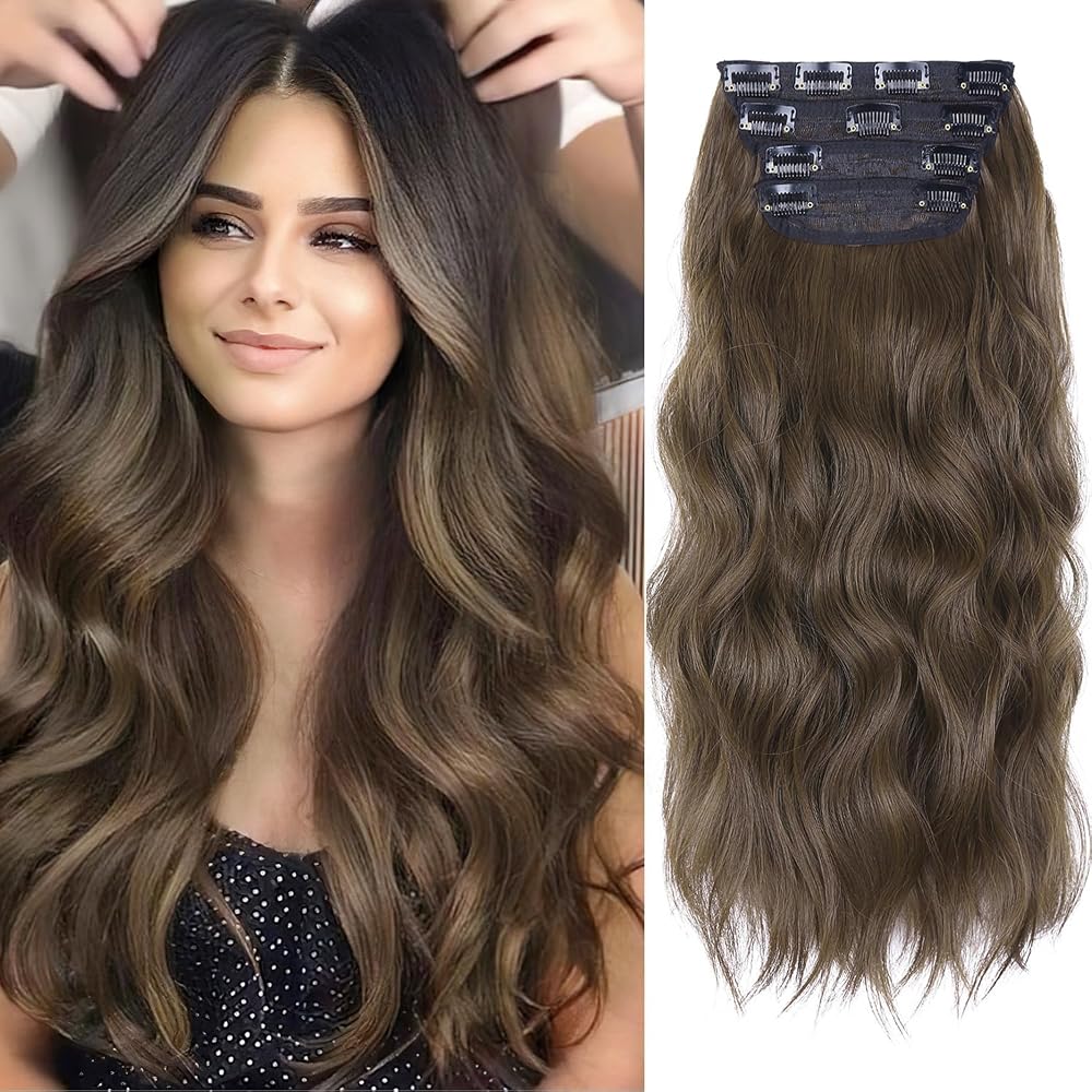 AliLeader 20 Inch Clip In Hair Extensions 4Pcs Medium Brown Synthetic Curly Wavy