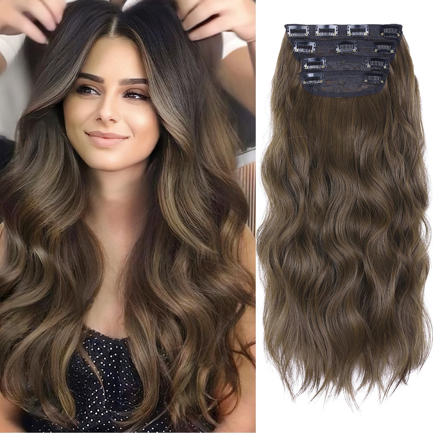 20 Inches Medium Brown Hair Extension clip ins, 4Pcs Synthetic Curly Clip in Hair Extensions, Natural Thick Hair Extensions Wavy Hair Pieces for Women (Color: Medium Brown) — image 1